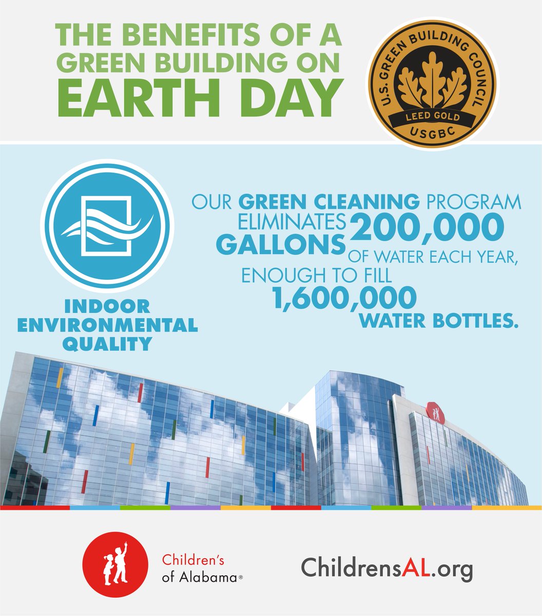 🌎 We're celebrating our green building on #EarthDay! Children's of Alabama's Benjamin Russell Hospital for Children is the first healthcare facility in Alabama, and one of the first of its kind in the U.S., to gain LEED Gold status.