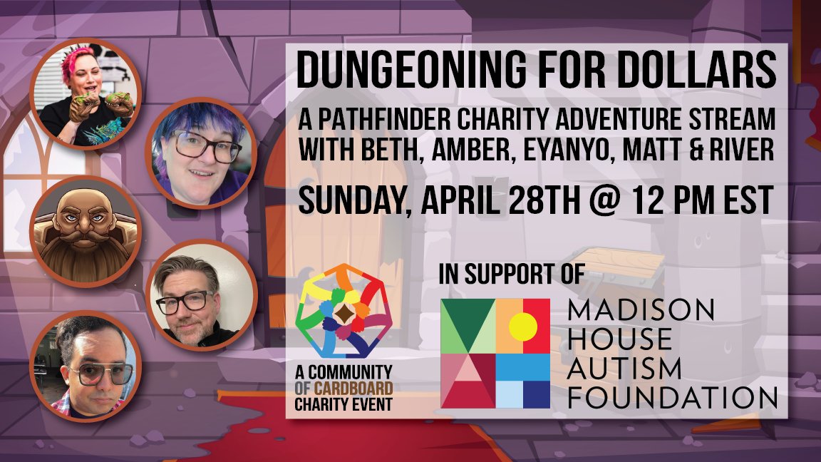 This Sunday join us as we raise funds for @MadisonHouse21 and go down to our '2-shot' in our @paizo Pathfinder adventure! See you there.