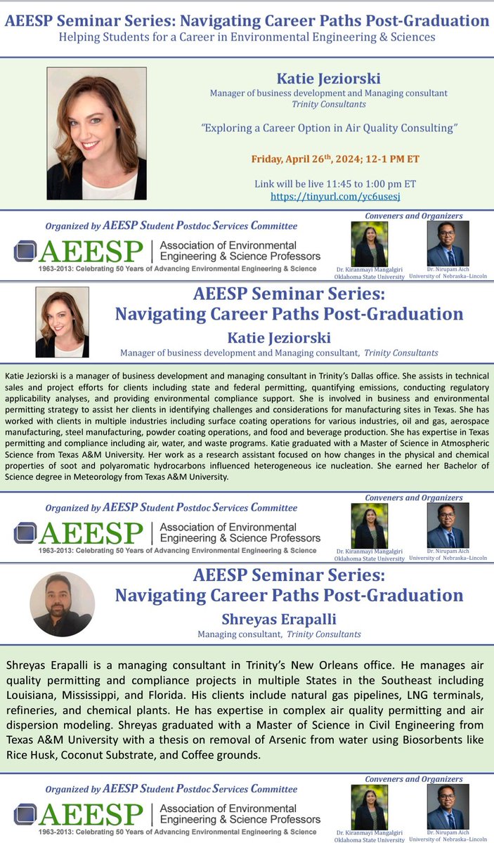 *AEESP Seminar Series: Navigating Career Paths Post-Graduation*

Katie Jezirioski and Shreyas Erapalli from Trinity Consultants will discuss career pathways in air quality on Friday, April 26th, 2024, 12-1 pm ET. Link: tinyurl.com/yc6usesj