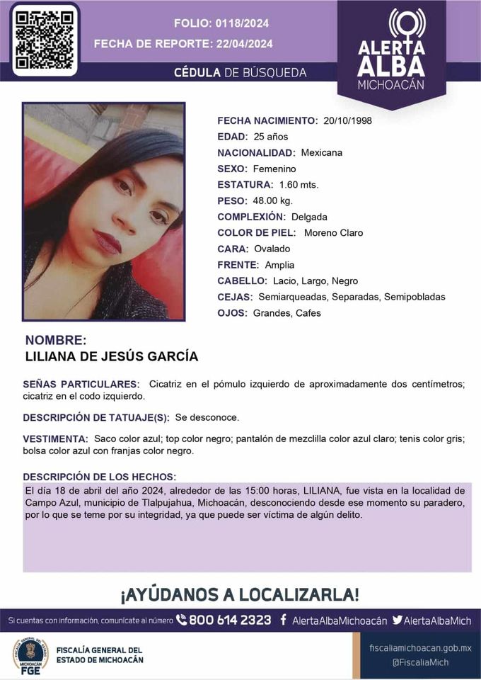 #AlertaAlba | Liliana de Jesús García, de 25 años de edad, desapareció en la localidad de Campo Azul en Tlalpujahua, el pasado 18 de abril. Vestía un saco azul, un pantalón de mezclilla y un top negro. 

📞 Si la ves, llama al 800 614 2323