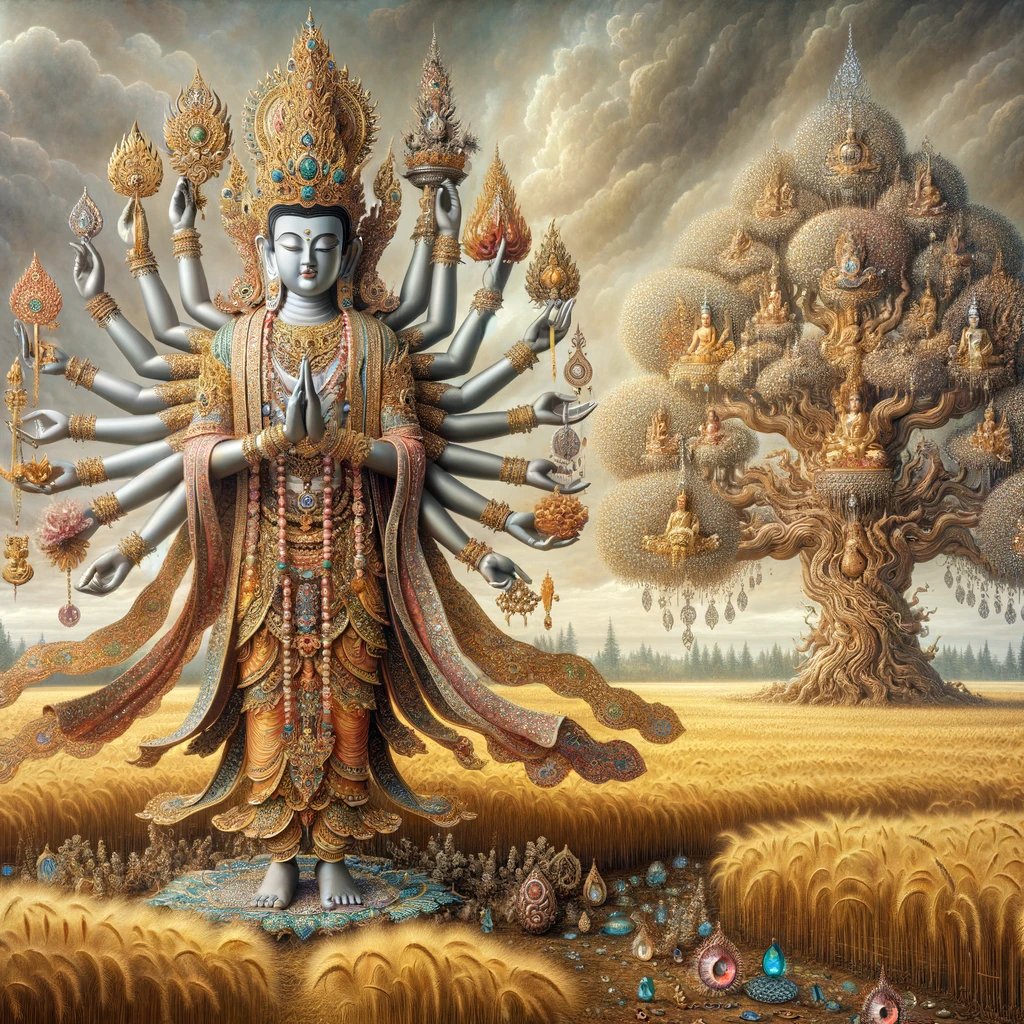 RanalloHiggins's tweet image. Playing around with some AI-generated bodhisattva prompting #bodhisattva #buddhism #FieldsOfGold