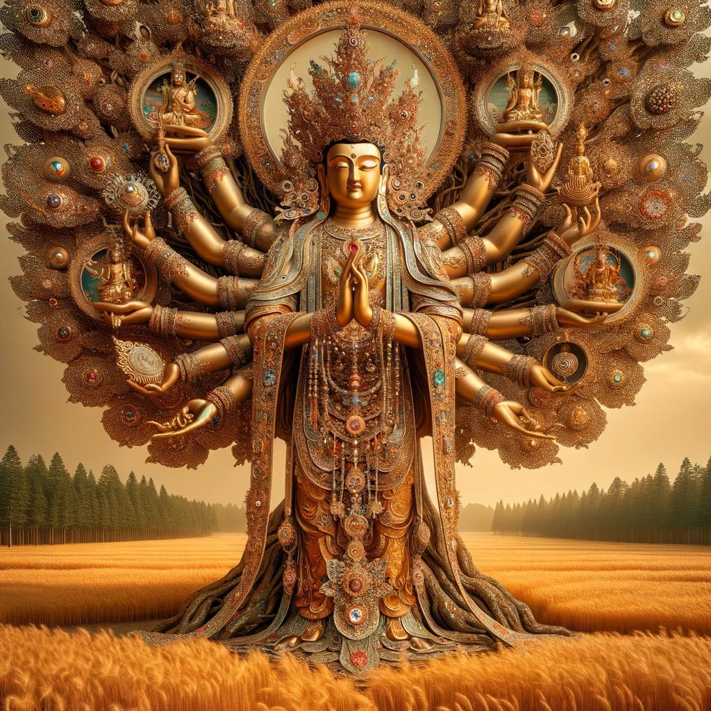 RanalloHiggins's tweet image. Playing around with some AI-generated bodhisattva prompting #bodhisattva #buddhism #FieldsOfGold