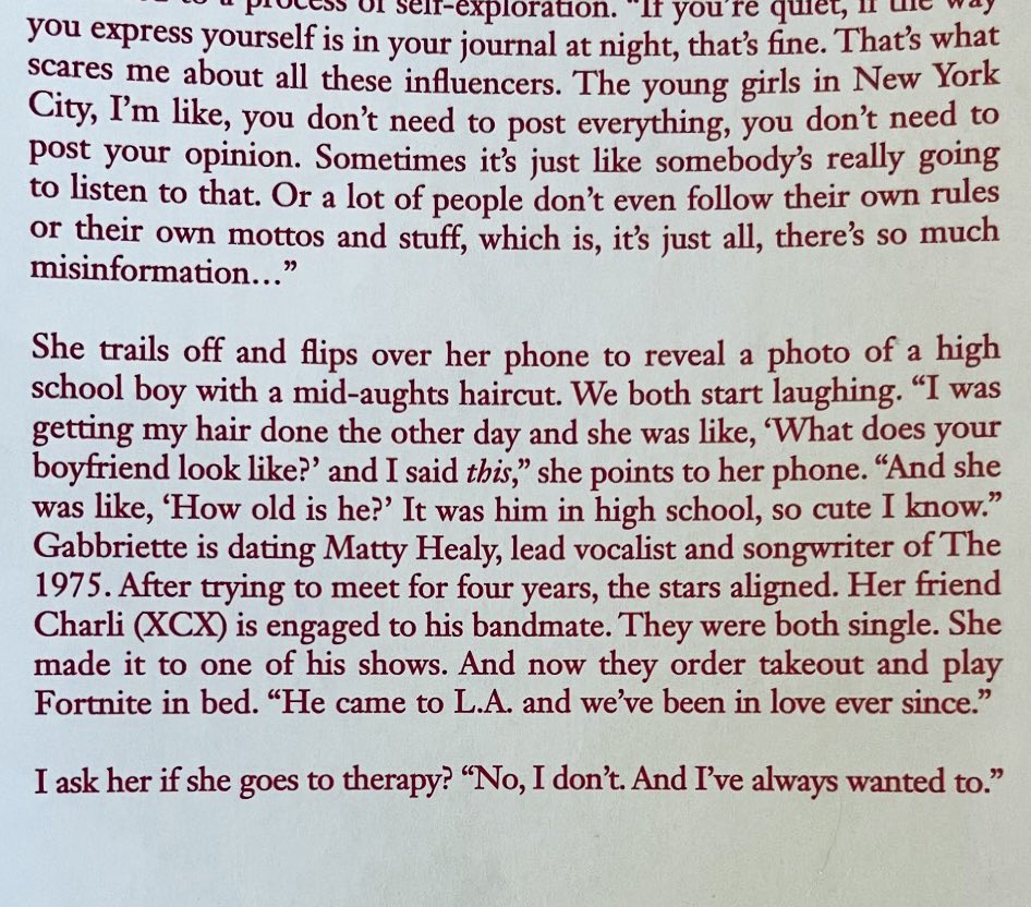 the1975_thteam's tweet photo. Gabbriette on her relationship with Matty Healy

After trying to meet for four years, the stars aligned. Her friend Charli (XCX) is engaged to his bandmate. They were both single. She made it to one of his shows. And now they order takeout and play Fortnite in bed. "He came to L.A. and we've been in love ever since."