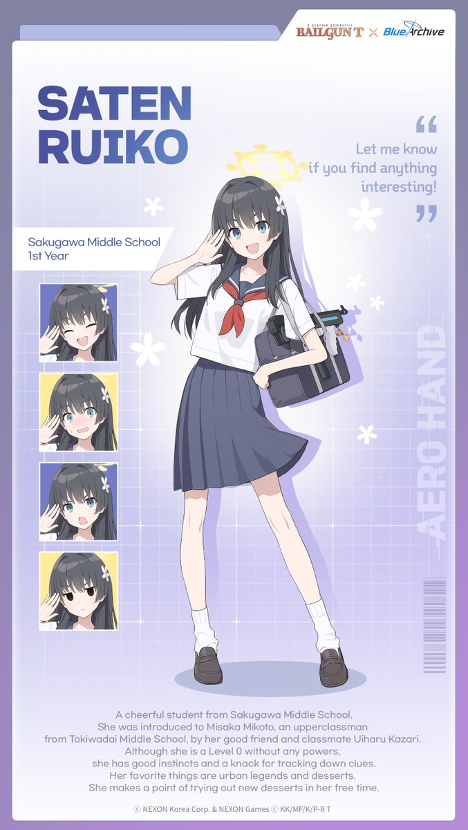 [Student Intro: Saten Ruiko] Last but not least, we have Saten Ruiko from another world! Ruiko's ability gives her command of the wind, but she's probably better known for the baseball bat she fights with! #BlueArchive