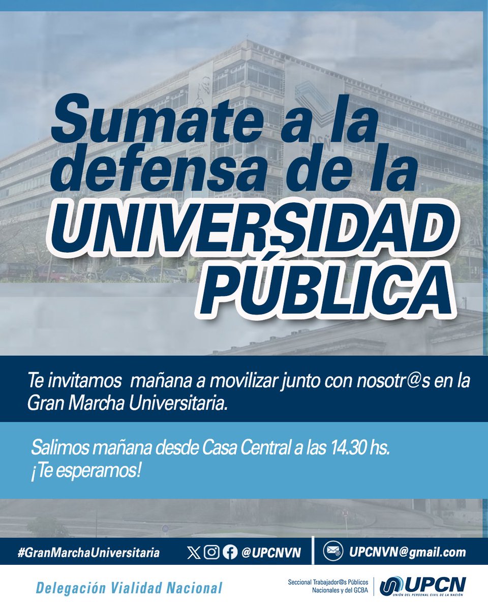 Mañana sumate a la defensa de la Universidad Pública. 
¡Te esperamos!

#GranMarchaUniversitaria
#UPCN