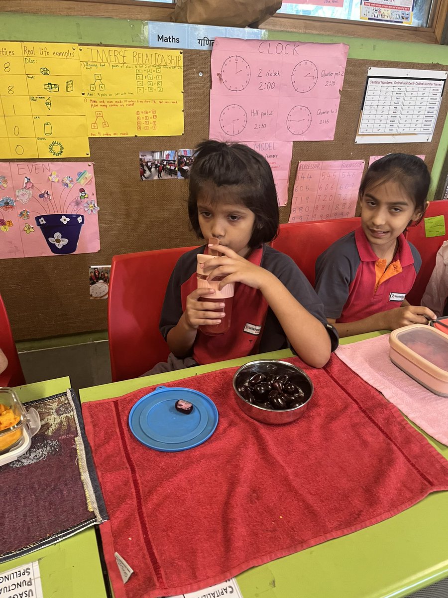 Grade 1 students enjoying summer coolers and fruits during Home Meal Break. Spending last few days with their peers before summer break. <a href="/FSSurat/">Fountainhead School</a>