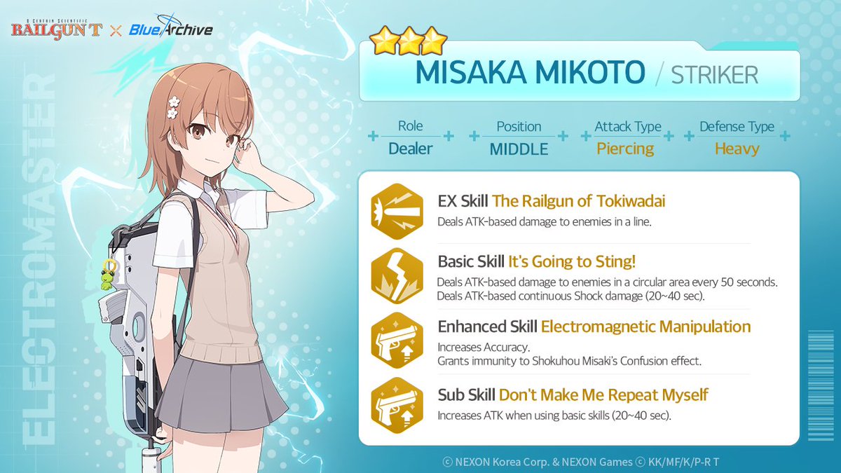 [Unique Pick-Up Recruitment Preview]

A New Unique Pick-Up Recruitment will begin on 4/30 (Tue)!
Pick-Up Student: 3★ Misaka Mikoto

Pick-Up Recruitment Schedule:
4/30 (Tue) After Maintenance – 5/14 (Tue) 1:59 AM (UTC)

#BlueArchive