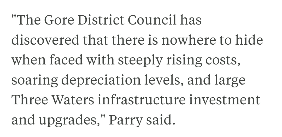 to get the increase down to 21%, Gore Council is already cutting to the bone, including not funding depreciation. The driver of rates increases is water infrastructure. Unfortunately, the TPU helped kill the solution to water costs.
