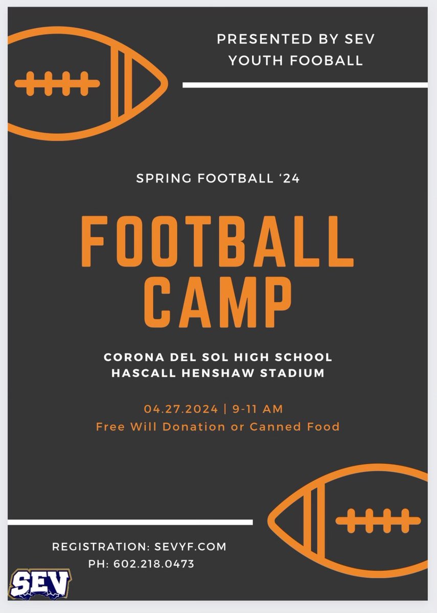 SEV Youth Football League (@sevyfootball) on Twitter photo Camp week! Come meet players and coaches from <a href="/cdsfootball1/">CDS Football</a> and SEV to get some work in! Saturday at 830 we will be onsite to accept canned goods, 9am we kickoff camp! Get some work and see what CDS and SEV can do for athletes! #fearthespear Camp week! Come meet players and coaches from <a href="/cdsfootball1/">CDS Football</a> and SEV to get some work in! Saturday at 830 we will be onsite to accept canned goods, 9am we kickoff camp! Get some work and see what CDS and SEV can do for athletes! #fearthespear