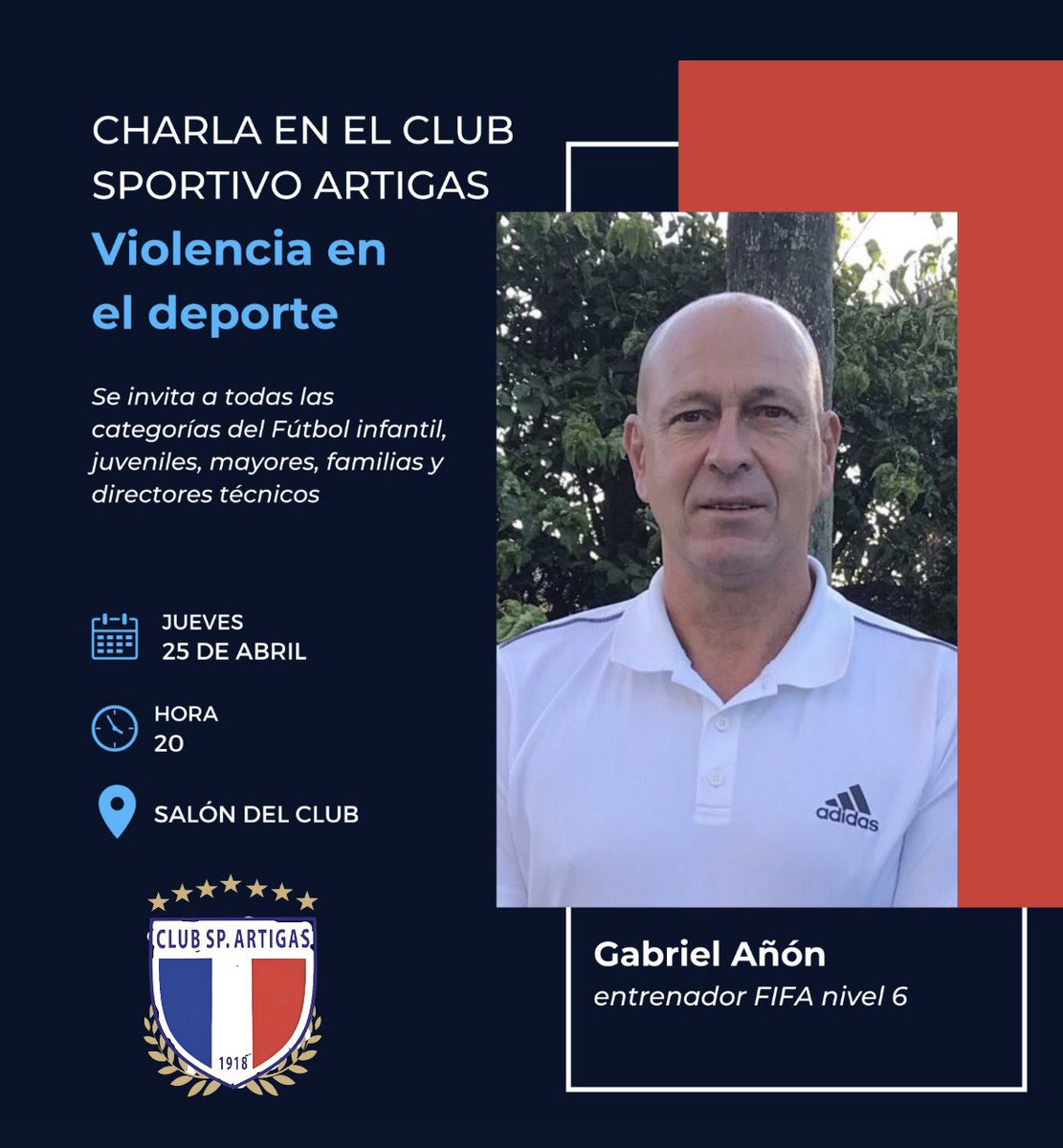 Este jueves 25 de abril los invitamos a una charla en la sede del club sobre la violencia en el deporte con el entrenador Gabriel Añón. 

Es muy importante contar con la presencia de todos ustedes. ¡Los esperamos!