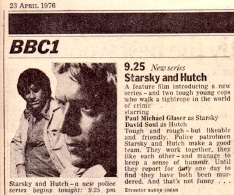 #OnThisDay 1976 : The first episode (a feature length pilot) of Starsky and Htuch was broadcast in the UK on BBC1. #70s (Listing : @woodg31)