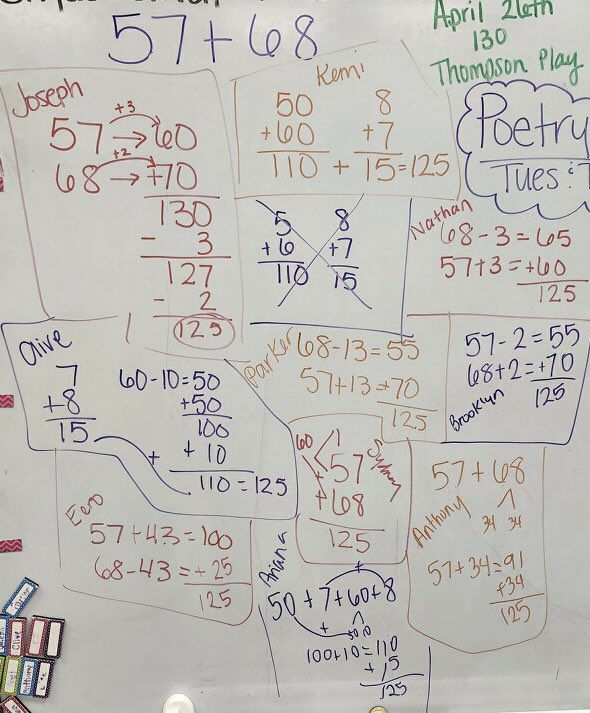 ryanflessner's tweet image. Look at this powerful thinking from Erin Hyde’s classroom at Oakbrook Elem in @CloverParkSD! Notice how Ms. Hyde validates the experts by naming strategies after students who shared. I just love teachers who open space for kids to share knowledge w/ classmates. #kidscan #yaymath