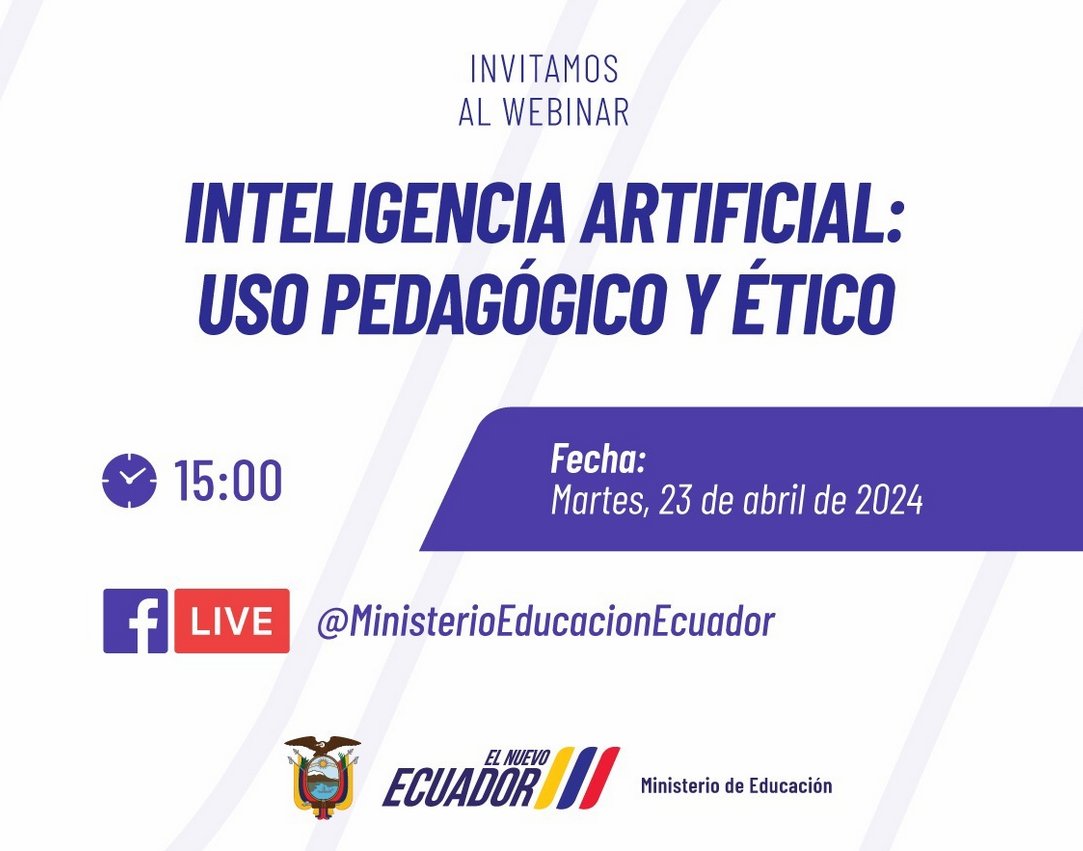 Te invitamos a seguir el webinar "Inteligencia Artificial: uso pedagógico y ético" donde presentaremos la propuesta de lineamientos, la Guía Ikig-Ai y el MOOC sobre IA (generado con IA).
📷 23 de abril de 2024 / hora: 15:00
📷 Síguelo por facebook.com/MinisterioEduc…