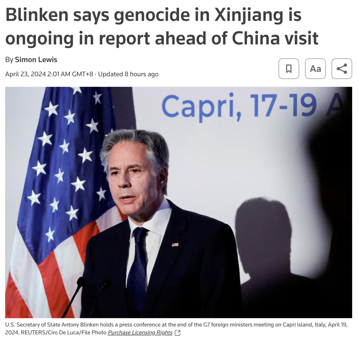 🚨BREAKING: 🇺🇸 Antony Blinken accuses Beijing of ongoing genocide against Uyghurs in Xinjiang ahead of his visit to China. This is just extraordinary, It’s nothing more than a fabricated narrative made up by the US in order to serve a political purpose of sanctioning China. 🧵