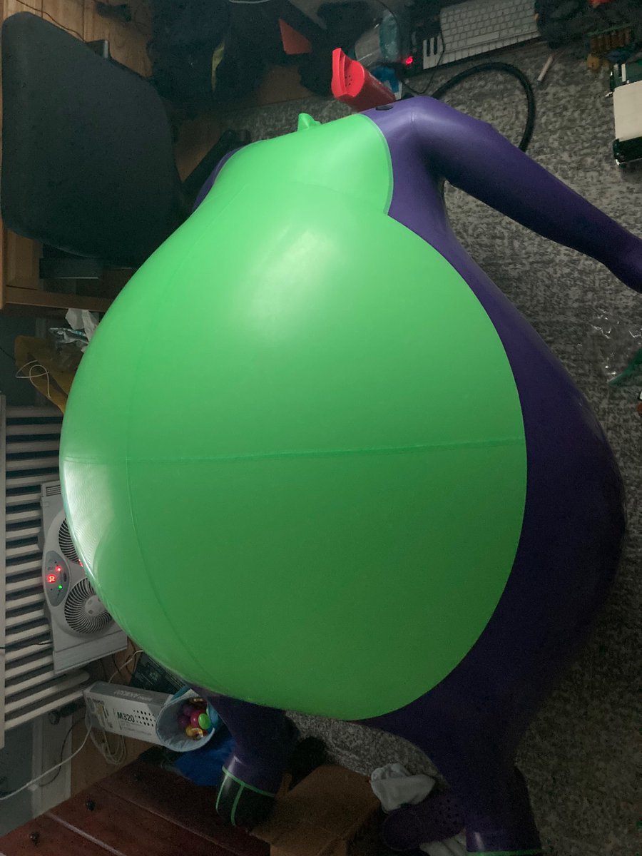 The biggest issue of my roo suit is the valve to blow it up is on the back of the right leg. That makes it very difficult to reach. I had one last latex pool toy valve left and installed it on the front of the left shoulder. That should make it much easier to control inflation.