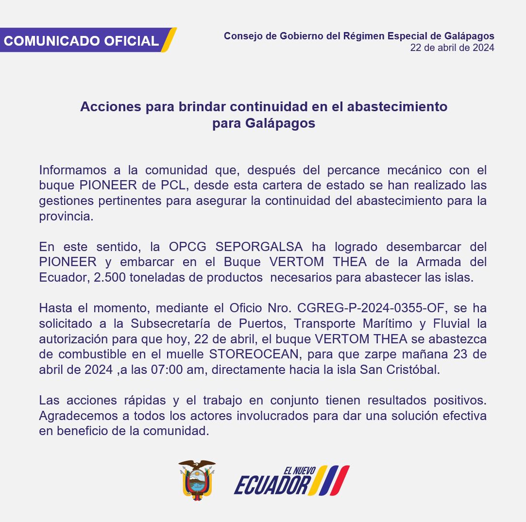 CGGalapagos's tweet photo. #AccionesR��pidas Continuamos con las gestiones para asegurar el abastecimiento para Galápagos. Al momento, se espera la aprobación de la Subsecretaría de Puertos, Transporte Marítimo y Fluvial para que el buque VERTOM THEA se abastezca de combustible para zarpar mañana. https://t.co/Vj1XmnmxB7