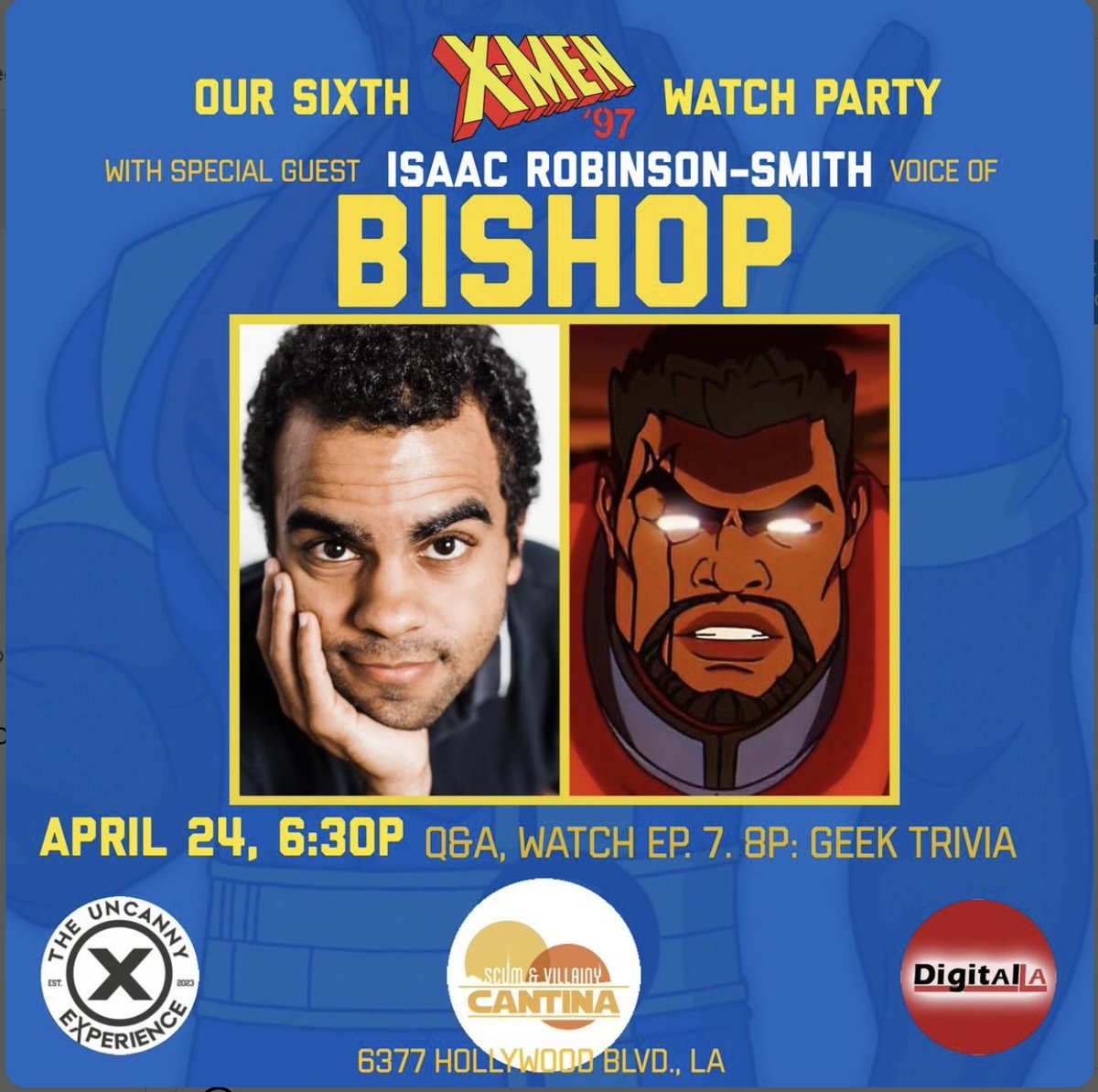 ❌ Join our watch party for the NEW X-Men ‘97 ep “Bright Eyes” @irsvoices aka Bishop this Wednesday at 6:30pm at @scumandvillainycantina in Hollywood with a Q&A! Cosplay and X-Men fan fashion encouraged. Presented by: @theuncannyexp & @digitalla See you there, mutants! 🎆