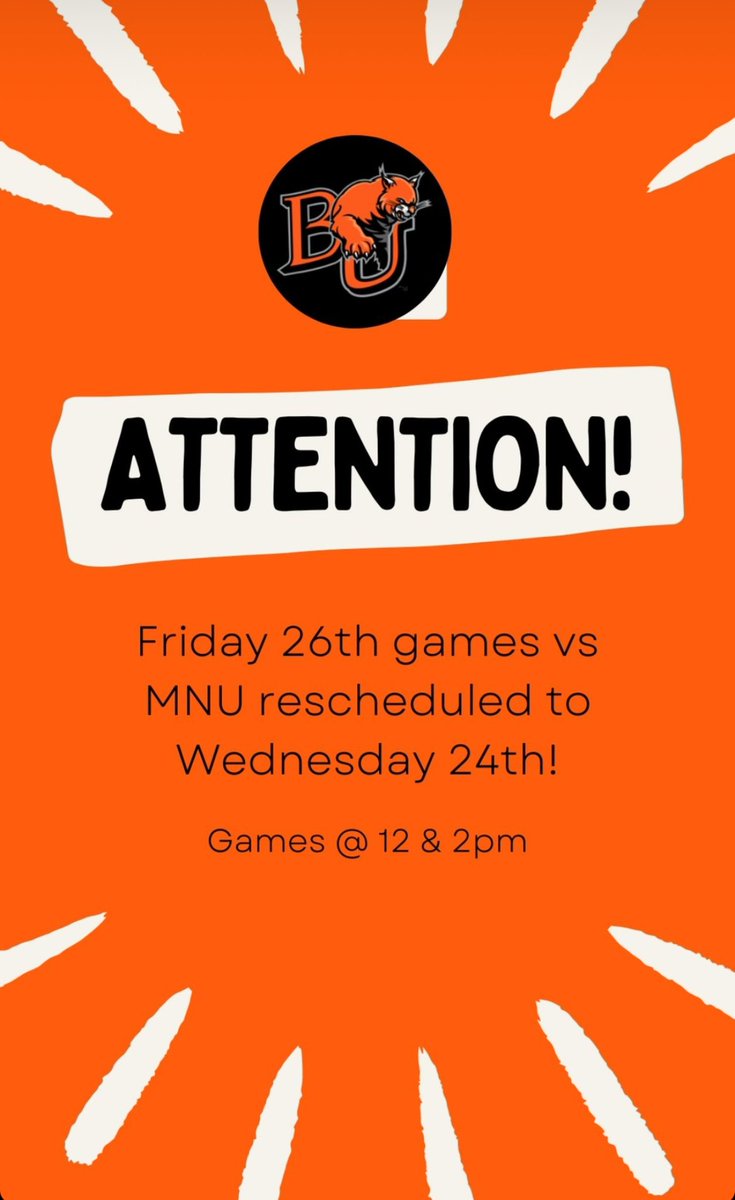 BakerWildcatSB's tweet photo. 🚨Attention 🚨
⚠️Schedule Change ⚠️

See you Wednesday at Mid America Nazarene!! https://t.co/96UgdAyaDt