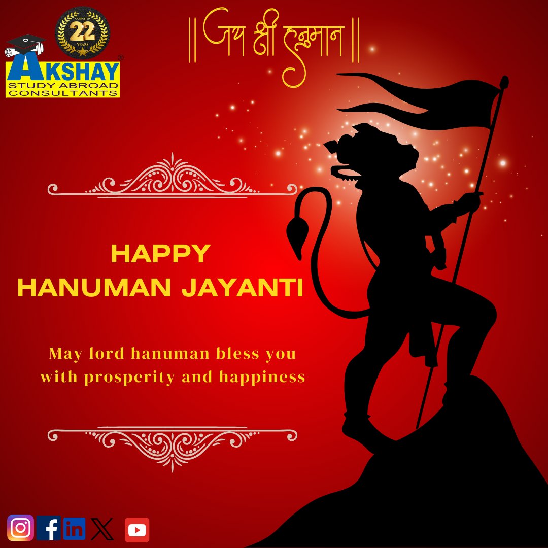 Blessings of strength, courage, and devotion on this auspicious Hanuman Jayanti! 🙏 

#HanumanJayanti #DivineBlessings #studyabroad #AkshayAbroad #akshaystudyabroad #nashikcity #collegeroad