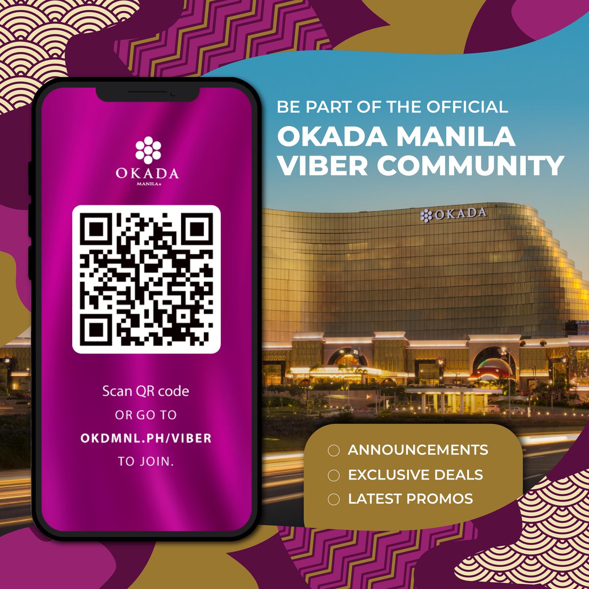 Okada Manila is on Viber! Join our community to get the latest updates and goings-on about the country’s most iconic integrated resort. Scan the QR code below or tap this link to get started: okdmnl.ph/Viber