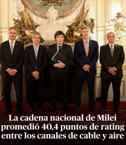 Según el medio Rating Político, la cadena nacional que brindó el presidente @JMilei este lunes midió '40,4 puntos sumados los canales de aire y cable'.