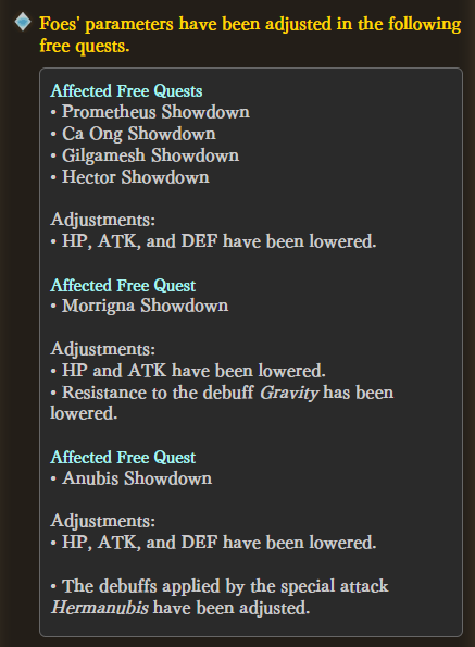 Prometheus Showdown, Ca Ong Showdown, Gilgamesh Showdown, and Hector Showdown have lower HP, ATK, and Defense. Morrigna Showdown has lower HP and lower ATK, and Gravity lands more often. Anubis has lower HP, ATK, and DEF, and Hermanubis is now less obnoxious.