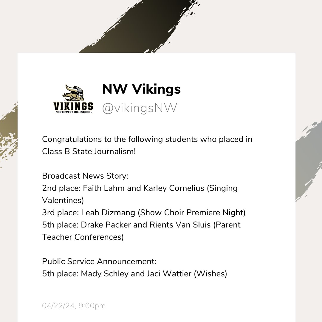VikingsNW's tweet photo. Congratulations to the following students who placed in Class B State Journalism!
#ginwvikings https://t.co/v2hwdZtxTg