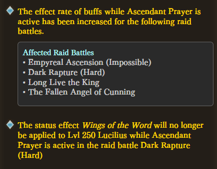 Ascendant Prayer changes for older raids: Buufs increased for Ultimate Bahamut (Impossible), Dark Rapture (Hard), Beelzebub, and Belial Level 250 Lucilius no longer gains Wings of the Word