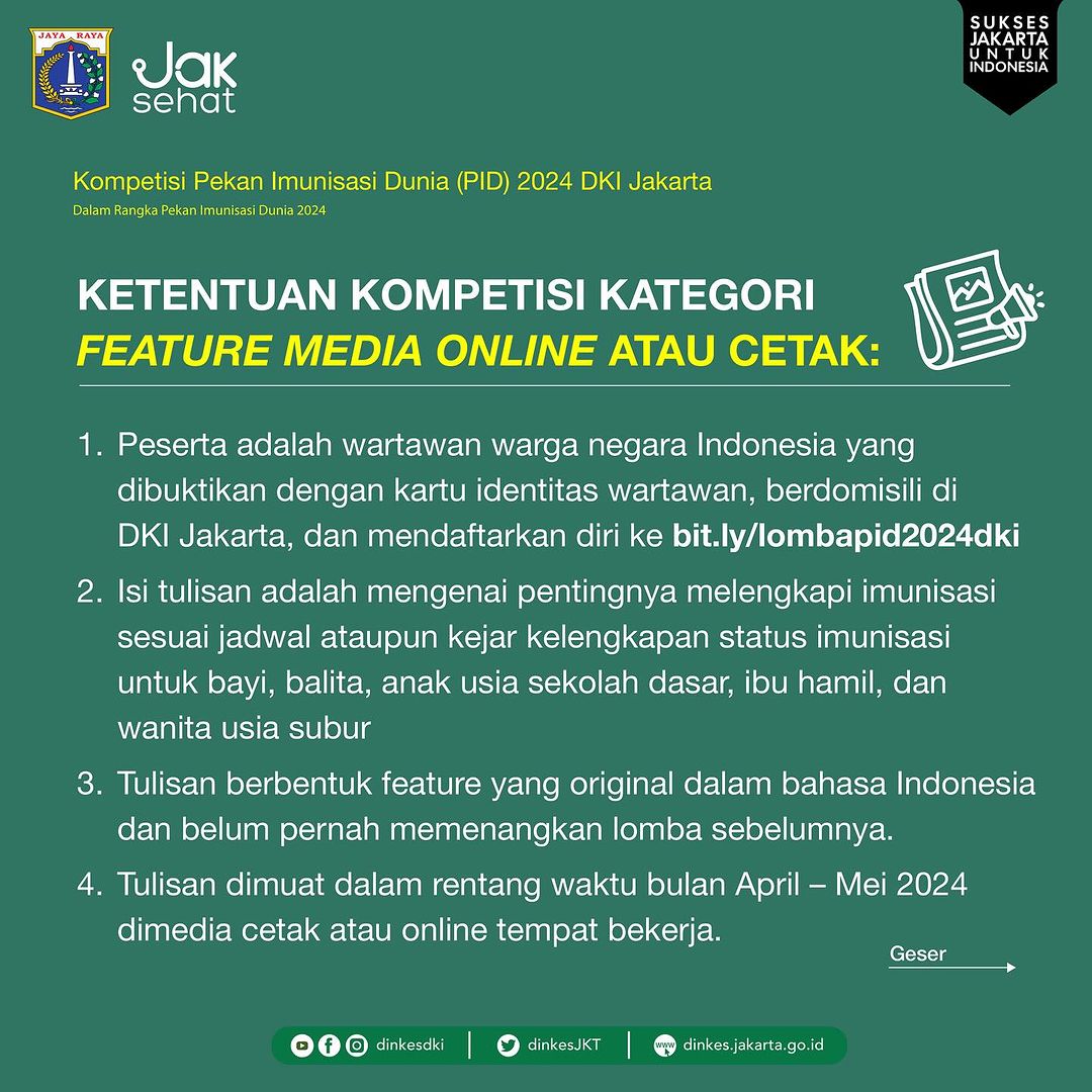 #SobatJaktim! Pekan Imunisasi Dunia (PID) Tahun 2024 akan kembali hadir! ✨

PID tahun ini mengadakan lomba yang terbuka bagi para wartawan dan kader kesehatan yang berdomisili di DKI Jakarta.

Sumber: @dinkesdki

#pid #pekanimunisasidunia #ImunisasiLengkapIndonesiaKuat