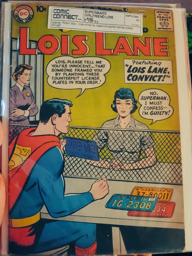 Mail call! Lois gets caught with phony license plates in her desk at work so she can go to the big house and make REAL ones! From #LoisLane #6, January 1959. #comics #backissues #Superman #DCComics #silveragecomics #dcuniverse