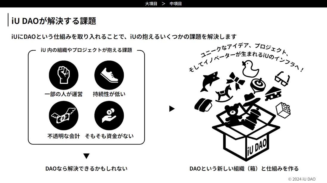 【大学DAOのすごいところ2つ】①学生が大学の意思決定に関わる機会はなく、大学は理事会、教授会などのトップダウン型の組織。しかし、大学DAOは、学生の様々な視点やニーズをDAOでの議論や投票を通じ、意見を可視化し表明することができます。