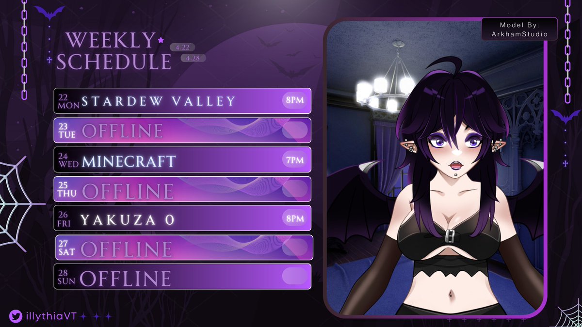 IllythiaVT's tweet photo. 🦇WEEKLY SCHEDULE⚰️
Here is the second official schedule!! WAh!!
All times are in MST!
Tags:
Live: #illyTV
Clips: #illyClips
Fan Art: #illystration https://t.co/l93DBpKpCO