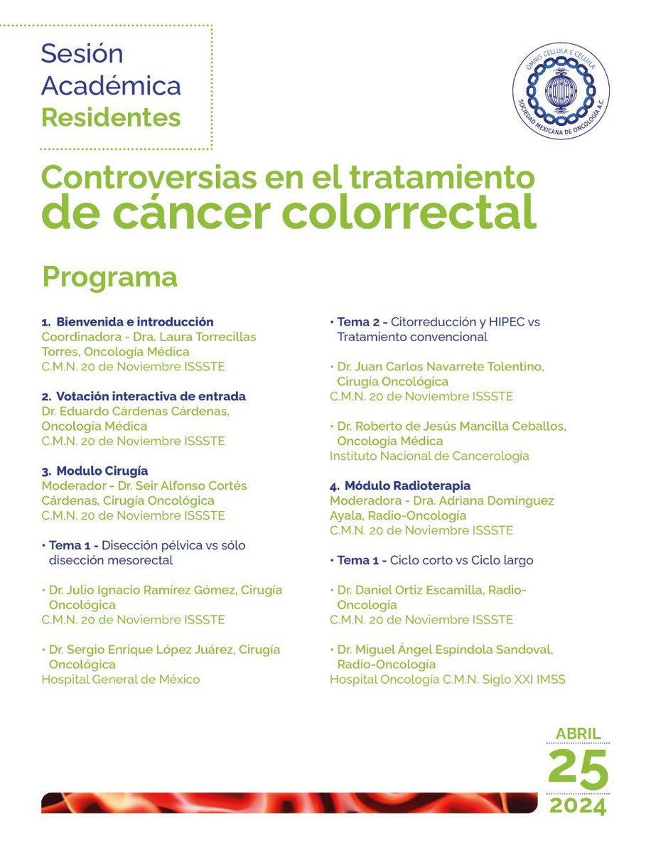 SMEOMX's tweet photo. Esta semana realizaremos nuestra Sesión de Médicos Residentes (híbrida)

Jueves 25 de abril de 2024, 18:00 hrs. 

Auditorio del Hosp. CMN 20 de Noviembre

**Registro y transmisión virtual 👉: https://t.co/5K8gZLQjI7

¡Te esperamos!

 #savethedate #SMeO #smeo #cancercolorretal https://t.co/Pqyv7W5fTp