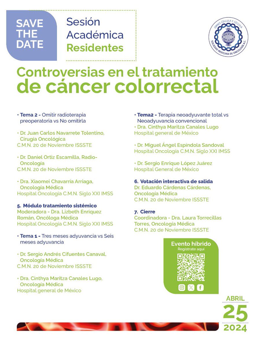 SMEOMX's tweet photo. Esta semana realizaremos nuestra Sesión de Médicos Residentes (híbrida)

Jueves 25 de abril de 2024, 18:00 hrs. 

Auditorio del Hosp. CMN 20 de Noviembre

**Registro y transmisión virtual 👉: https://t.co/5K8gZLQjI7

¡Te esperamos!

 #savethedate #SMeO #smeo #cancercolorretal https://t.co/Pqyv7W5fTp