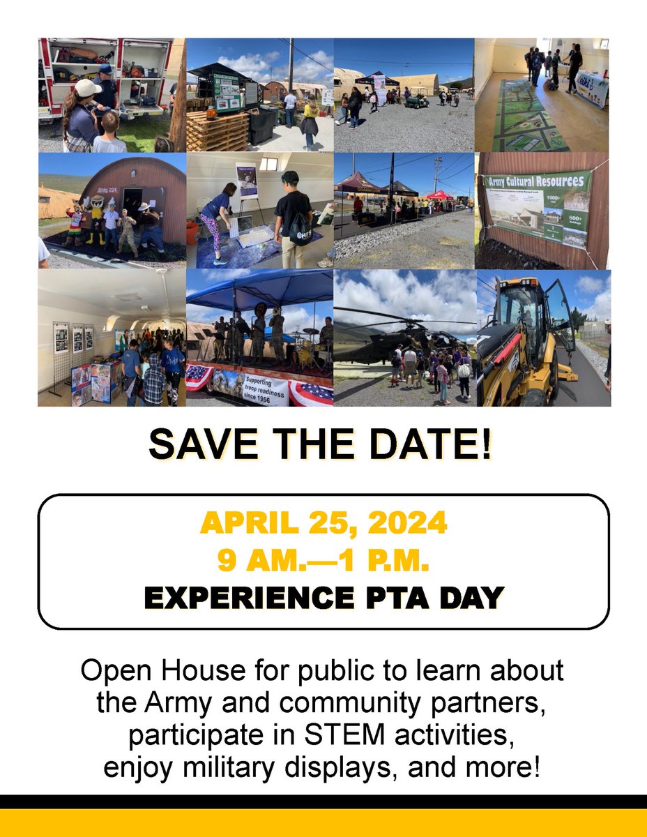 Aloha folks!!! Please join us this Thursday 25 April, from 9am to 1pm at Pohakuloa Training Area for our annual Open House!!!!! Feel free to stop by and “experience” this day with us!!!! Free and open to the public!