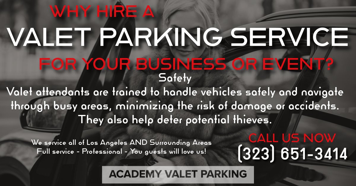 WHY HIRE A #VALETPARKING SERVICE? Safety!
Valets are trained to handle vehicles safely and navigate through busy areas, minimizing the risk of damage or accidents and deterring potential thieves.
AcademyValetParking.com
#LosAngeles #BeverlyHills #PartyParking #BusinessParking