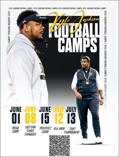 Kyle Jackson Football Camps  June 1st Mega Camp      Session 1  OL/DL     Session 2 QB/WR/DB     Session 3 QB/TE/RB/LB June 8th Eastern Shore Showcase At Salisbury University. June 15th DMV Elite.          July 12th Big Man Camp. Link to register ⬇️⬇️ campscui.active.com/orgs/KyleJacks…