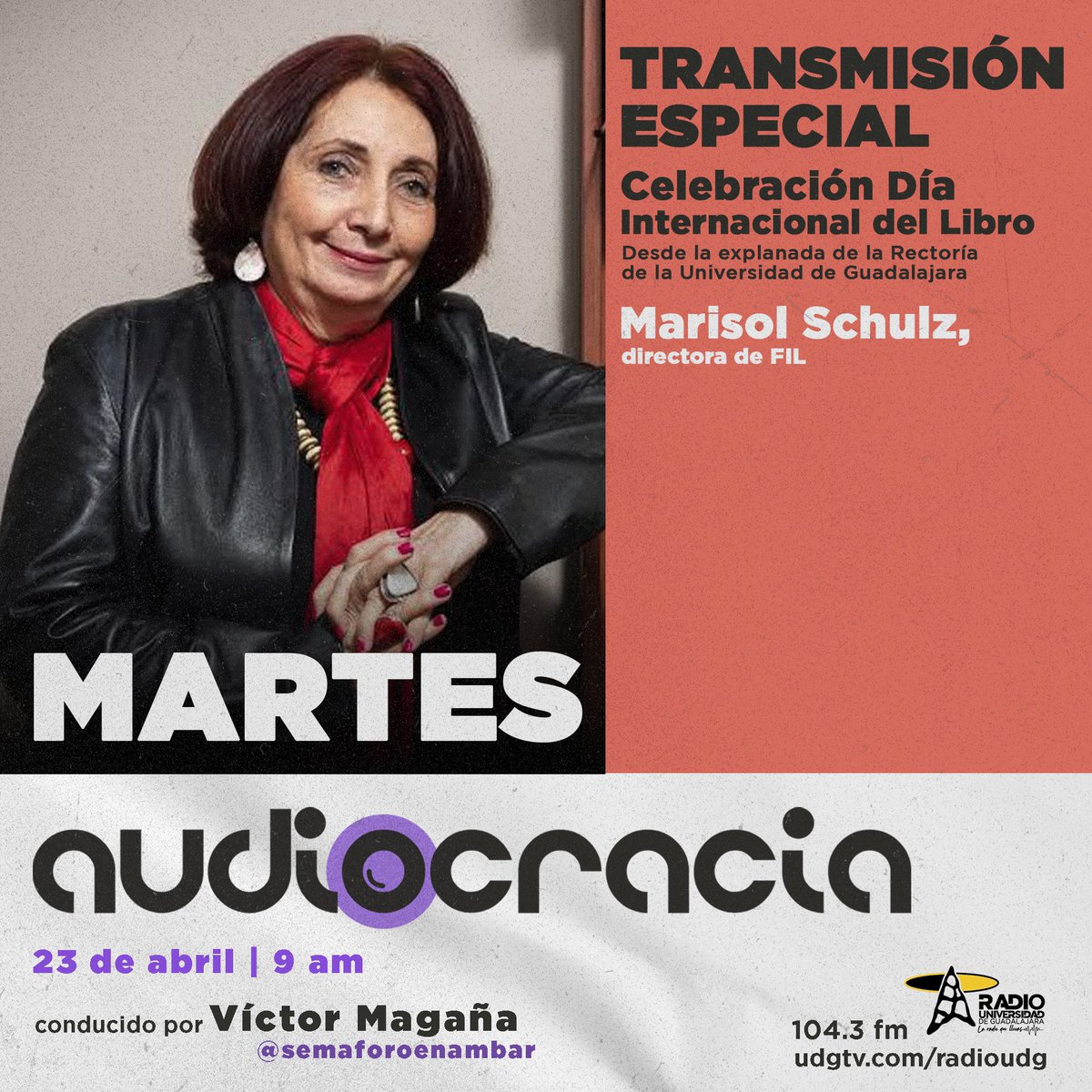 📚Este martes acompáñanos en #Audiocracia 🎙️estaremos completamente en vivo desde la Explanada de la Rectoría de la Universidad de Guadalajara. @semaforoenambar conversará con @Marisolschulz, directora de @FILGuadalajara. Acompáñanos en el 104.3 de FM 📻