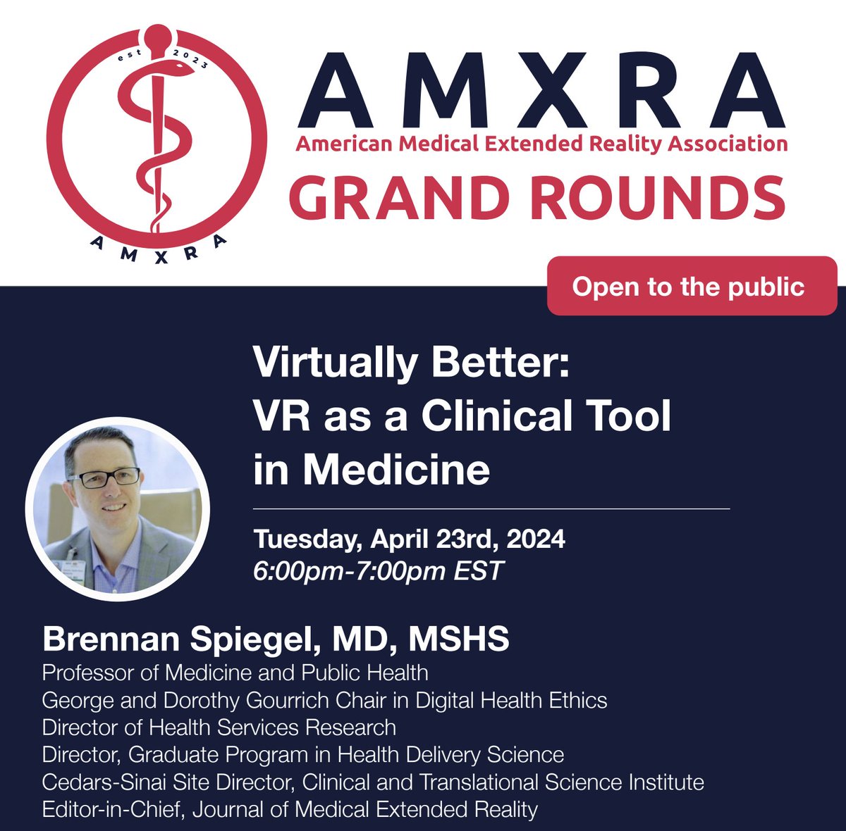 AMXRA Grand Rounds with @BrennanSpiegel is tomorrow (4/23) at 6PM EST! Join below: spatial.io/s/AMXRA-Grand-…