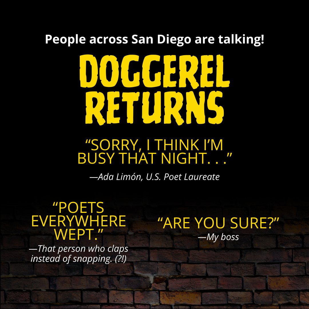 Doggerel Returns comes back to #SanDiegoCentralLibrary for another poetry workshop and open mic. Take a break from the hustle of #poetrymonth and enjoy an evening of low-brow, overly-contrived and badly constructed poetry.⁠ sandiego.librarymarket.com/event/doggerel…