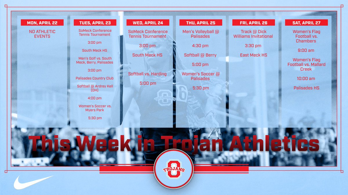 Check out our sports schedule for the week‼️ Tune in to watch your Trojans on @NFHSNetwork or purchase tickets for in person action at olympicathleticzone.com/tickets/ #thetakeOver #TrojanSoldiers #WomenOfTroy #MadeofSteele #WeTheSouthside🅾️