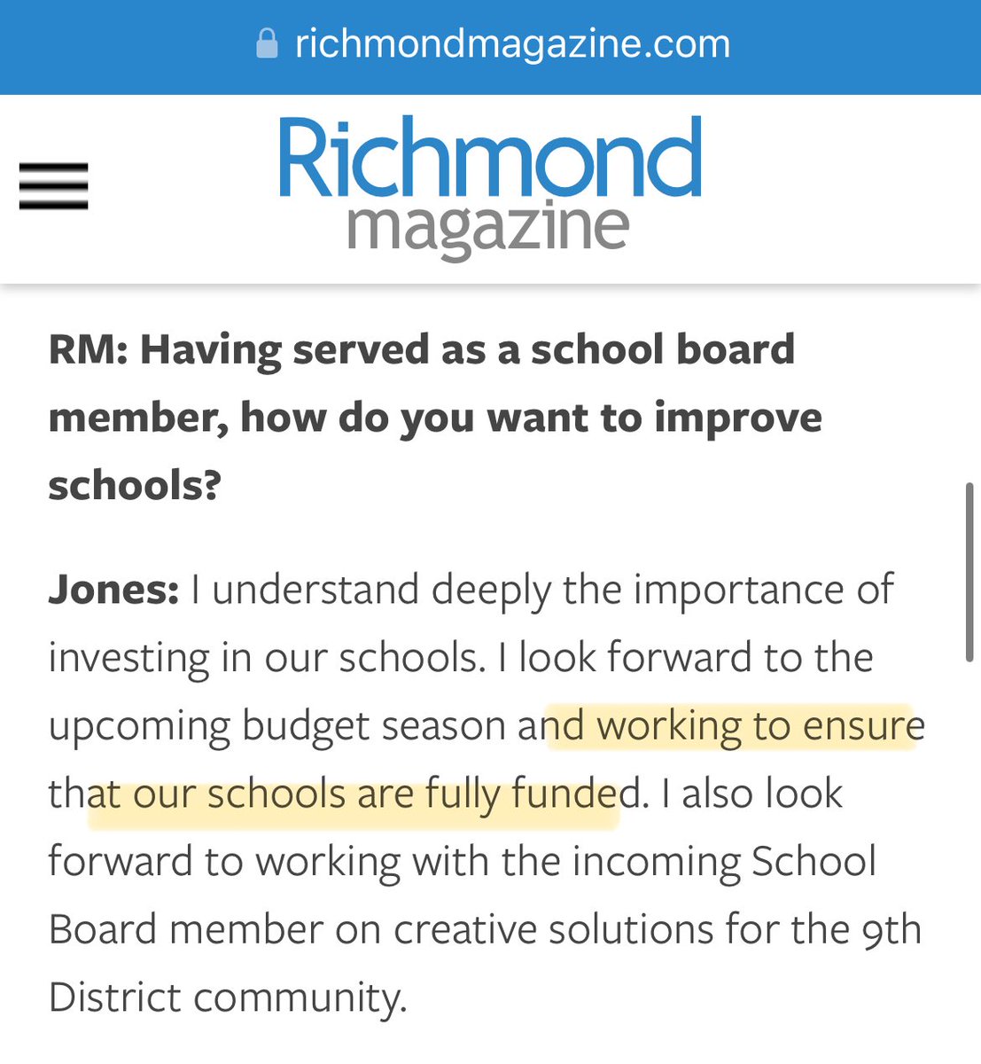 Wish I could have been at two places at once tonight (council, school board) but alas, I must crowdsource this question... Has Nicole Jones said *anything* about this promise to fight to fully fund RPS? At all? Please say yes 🤞🪴