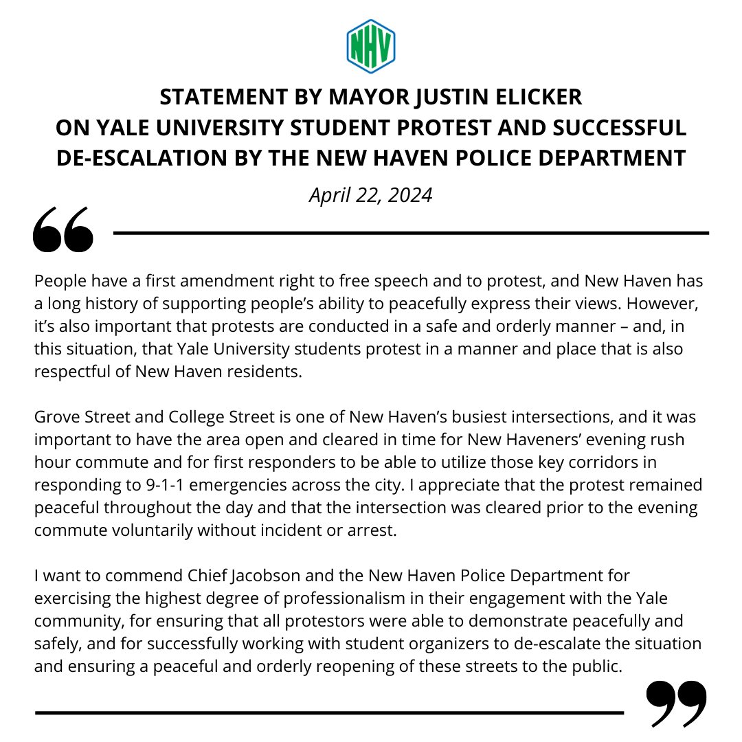 Statement on the Yale University Student Protest and Successful De-Escalation by the New Haven Police Department