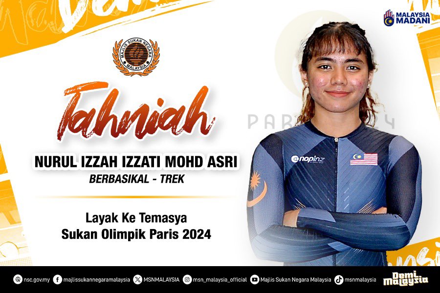 Tahniah Izzah Mohd Asri!! Layak ke Temasya Sukan Olimpik Paris 2024! 🔥

#DemiMalaysia 
#KontinjenMALAYSIA
#MalaysiaRoar