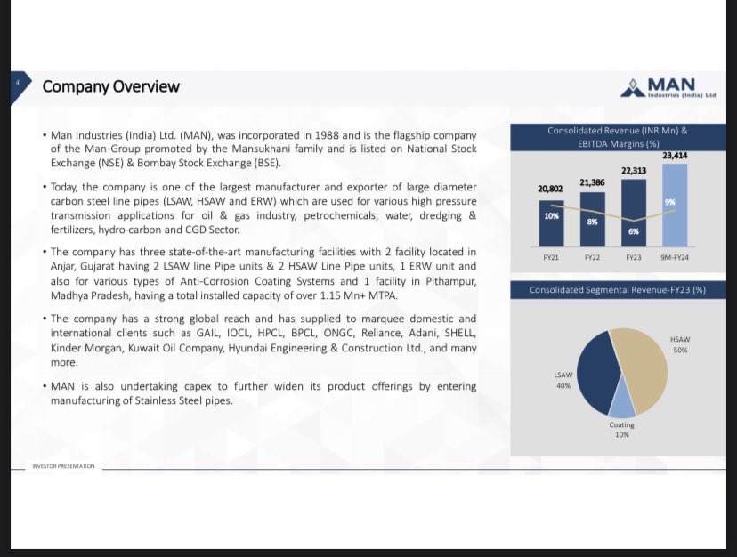 Man Industries Overview 

Product Portfolio: Specializing in LSAW, HSAW, ERW pipes, Steel bends & Stainless Steel, and Coating for O&G, water sector, Hydro-Carbon & CGD Sectors. Over 17,000 KM of pipes supplied since inception.
Revenue Mix- 
HSAW: 50%
LSAW: 40%
Coating: 10%