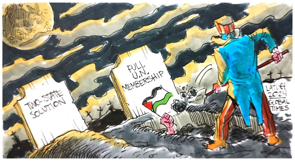 The US blocks #Palestine's path to full #UN membership. 美国一票否决巴勒斯坦正式加入联合国。 ✏️@LatuffCartoons