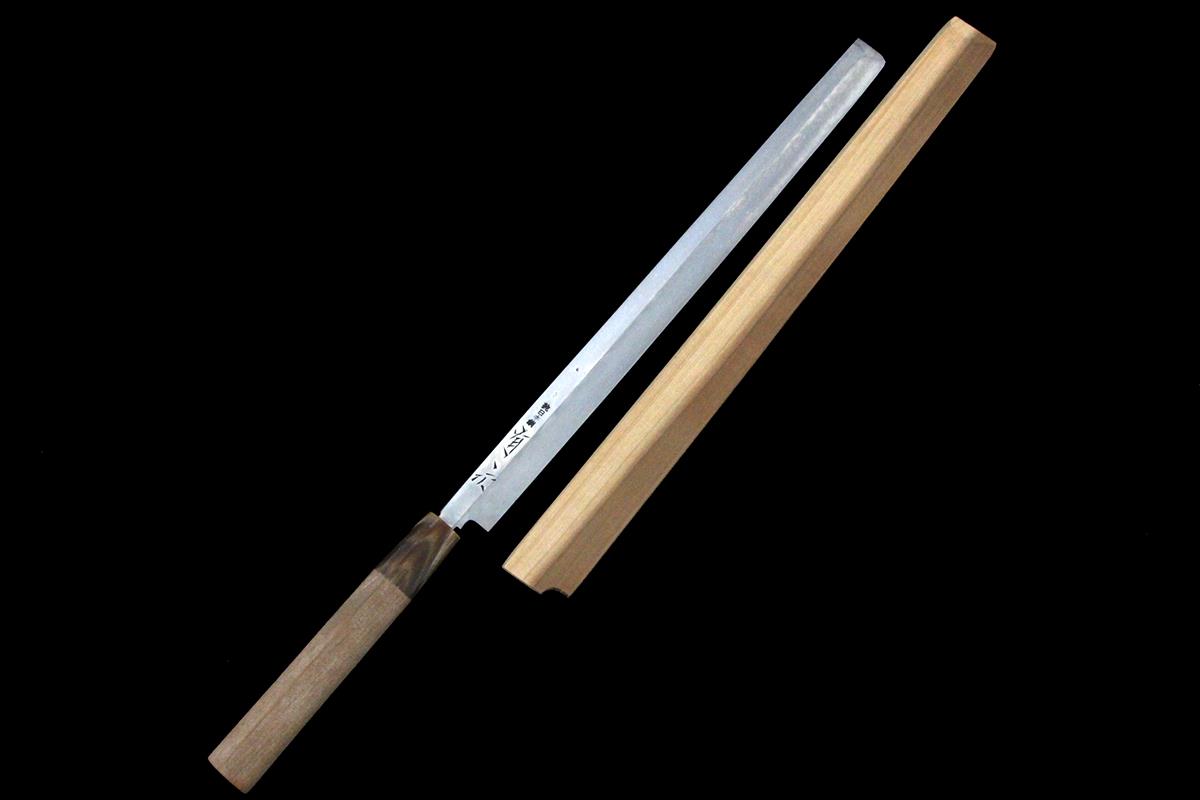 有次　蛸引き　包丁　７寸 在庫商品紹介】 有次 蛸引包丁 尺一 本焼 純日本鋼 沖芝昴 朴柄 白鞘付