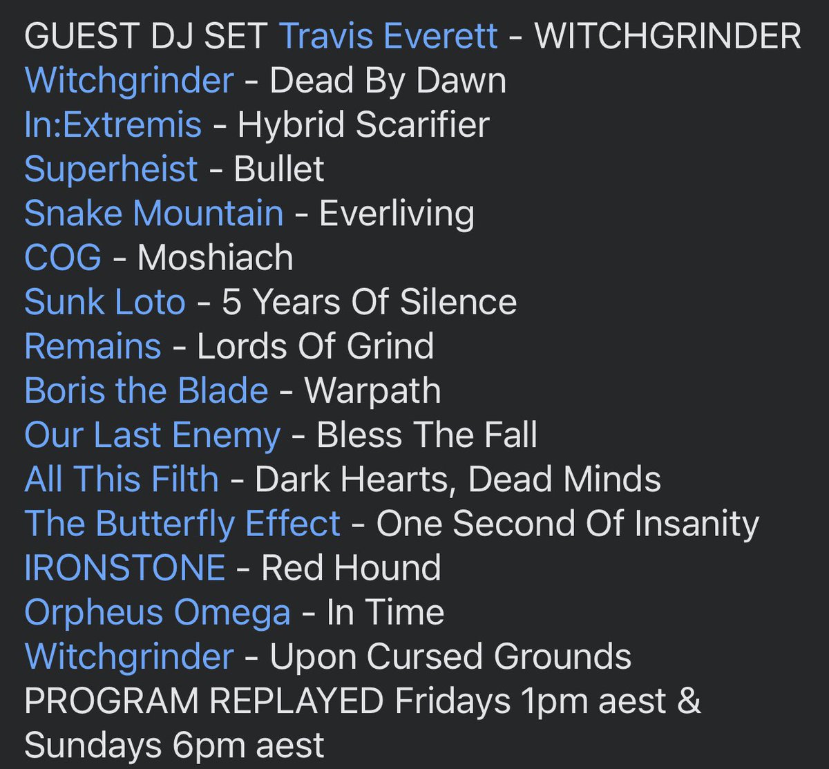 Big shout out to our good friend Travis Everett of @WITCHGRINDER who played one of our songs when he did a guest DJ set on last nights Heavy at Home on @AndrewHaugRadio . Great selection of Aussie bands including friends @OurLastEnemy and Snake Mountain
