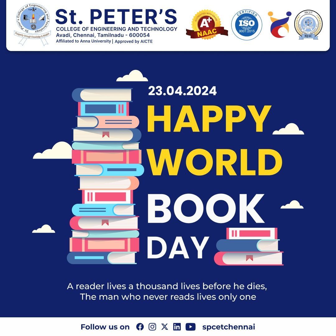 Wishing you a joyous World Book Day from St. Peter's College of Engineering and Technology. Remember, with every page turned, you live a thousand lives  

#WorldBookDay #ReadingCommunity 
#spcet #stpeters #bestenginerringcollege #bestcollege #Ascenders