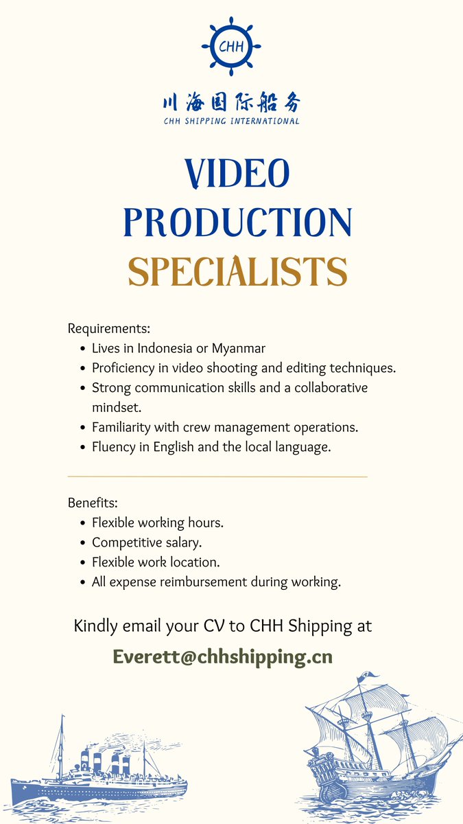 Now Hiring: Video Production Specialists! ✨
Join us in Indonesia and Myanmar!
Perks:
💰 Competitive Pay
🌟 Flexible Work
💼 Expense Reimbursement
Ready to join? 
Email：Everett@chhshipping.cn
#VideoProduction #NowHiring #FilmJobs #CreativeJobs #Editing #CrewManagement